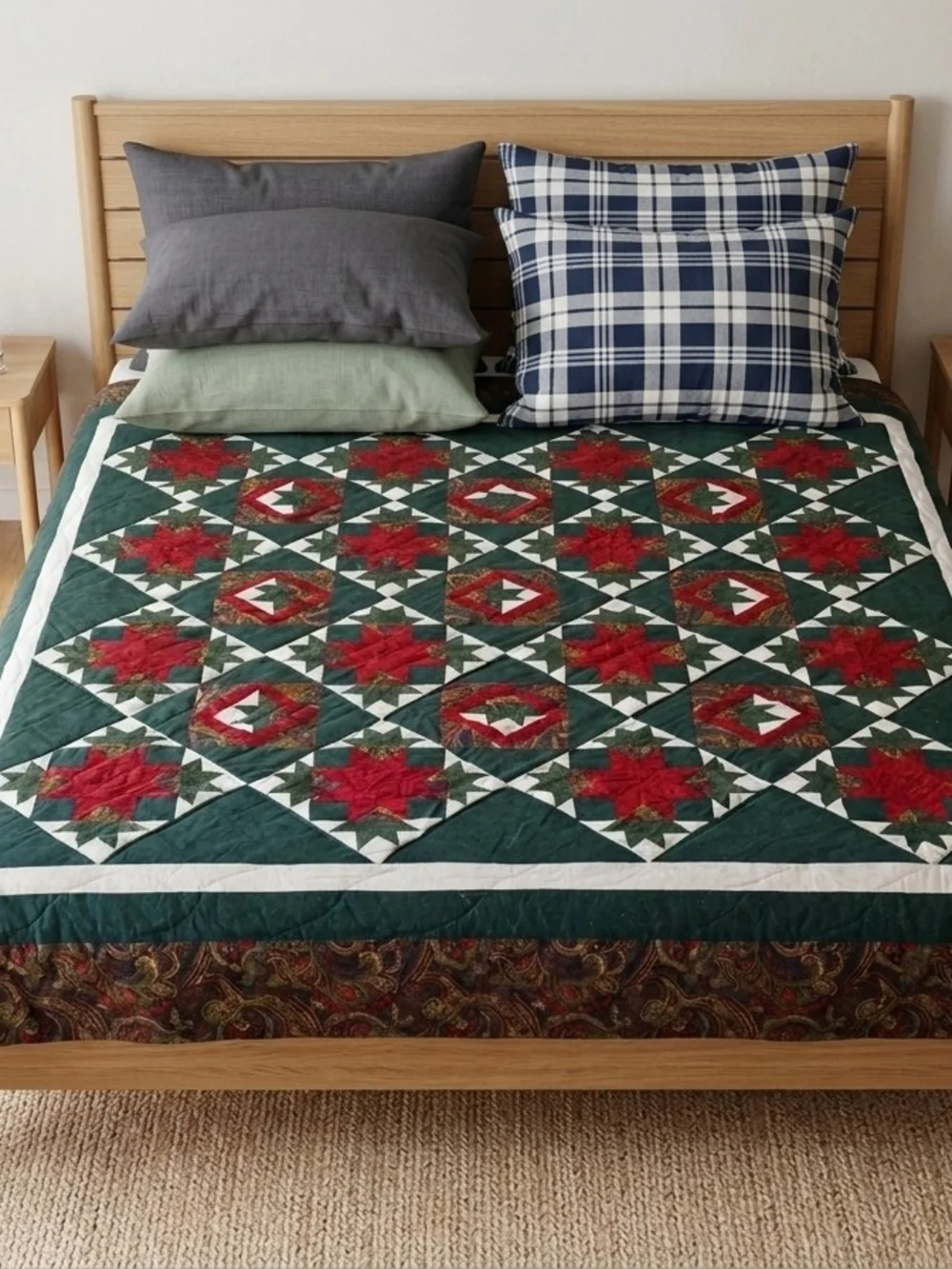 Classic Handmade Green and Red Patchwork Quilt - Home Bedding